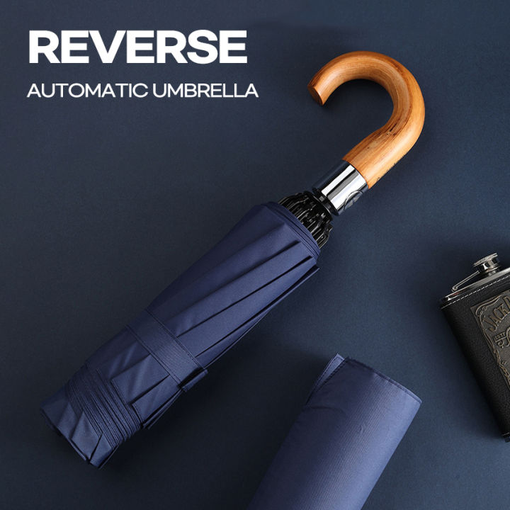 Luxury Reverse Umbrella For Men Wooden Handle Automatic Large Umbrella