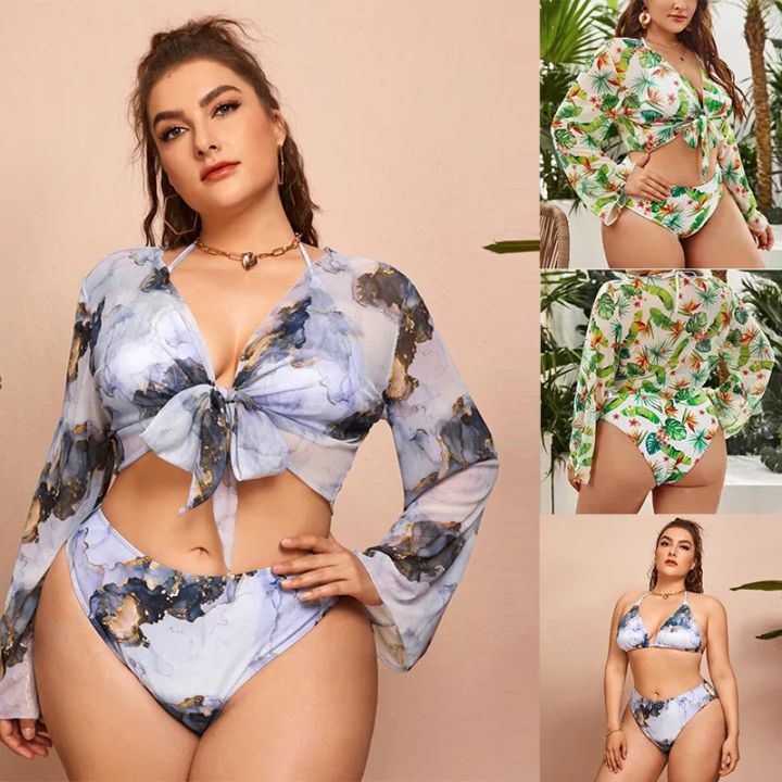 Cao Cấp Bikini 3 Bộ Nữ Đi Biển Phong Cách In Hình Chia Plus Kích Thước