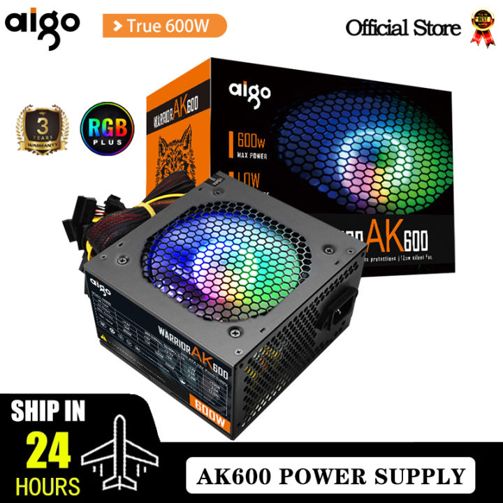 Aigo Ak W Pc Psu Power Supply Unit Black Gaming Quiet Mm Rgb Fan