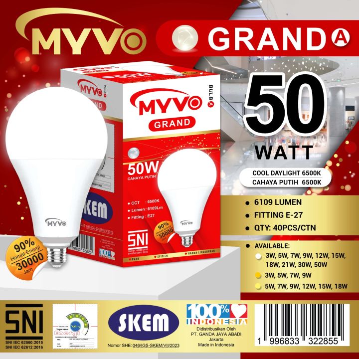 MYVO GRAND LAMPU LED A BULB 50W 50 WATT CAHAYA PUTIH COOL DAYLIGHT