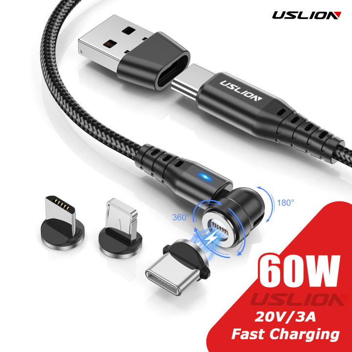 USLION 2 In 1 PD 60W Fast Charging Magnetic Cable USB C To Type C Micro