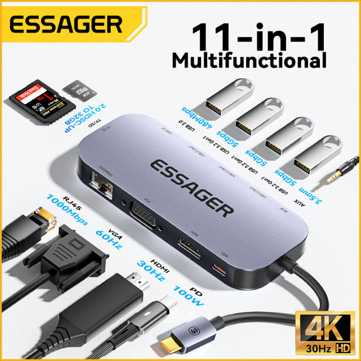 Essager 11 In 1 USB C HUB 4K 30HZ Type C Docking Station For Macbook