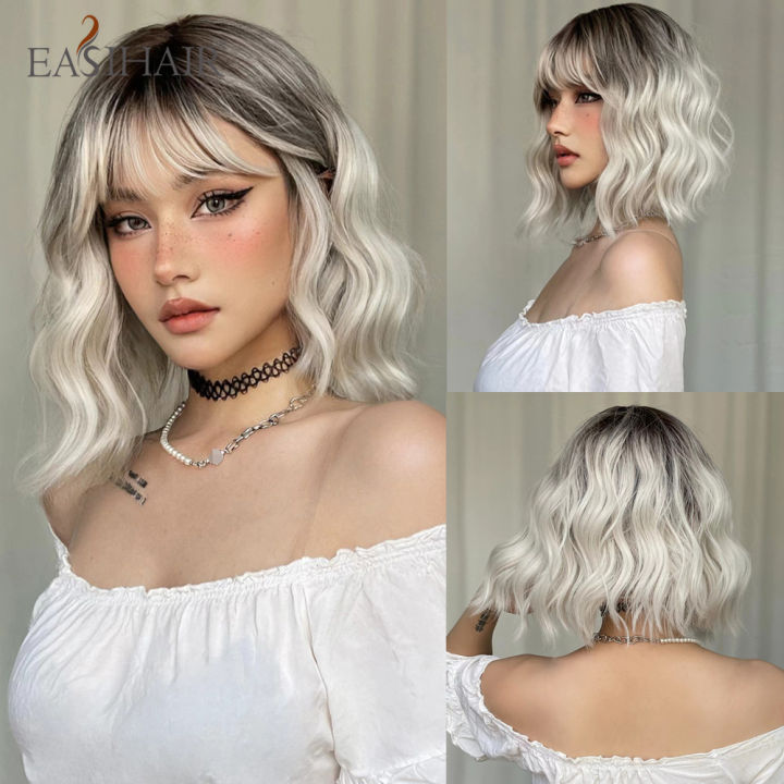 Easihair Ombre Blonde Short Wavy Cosplay Lolita Wigs With Bangs Light