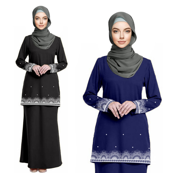 Muslimah Fashion Muslim Two Piece Dress Baju Kurung Lace With Crystal