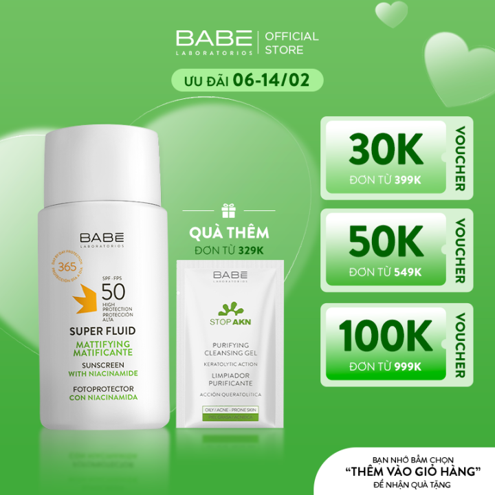 Kem chống nắng BABE Super Fluid Mattifying sunscreen SPF 50 phổ rộng