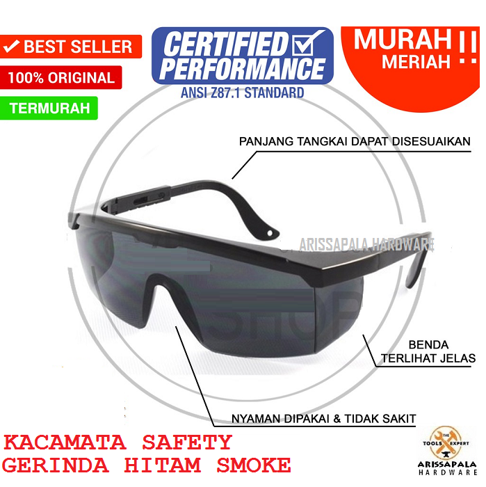 KACAMATA SAFETY KACA MATA LAS GERINDA SAFETY GLASSES HITAM SMOKE KACA