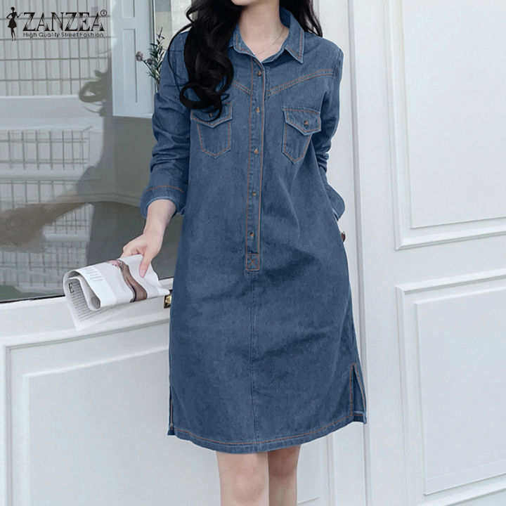 ZANZEA Korean Style Women Fashion Denim Lapel Shirt Dress Casual Long