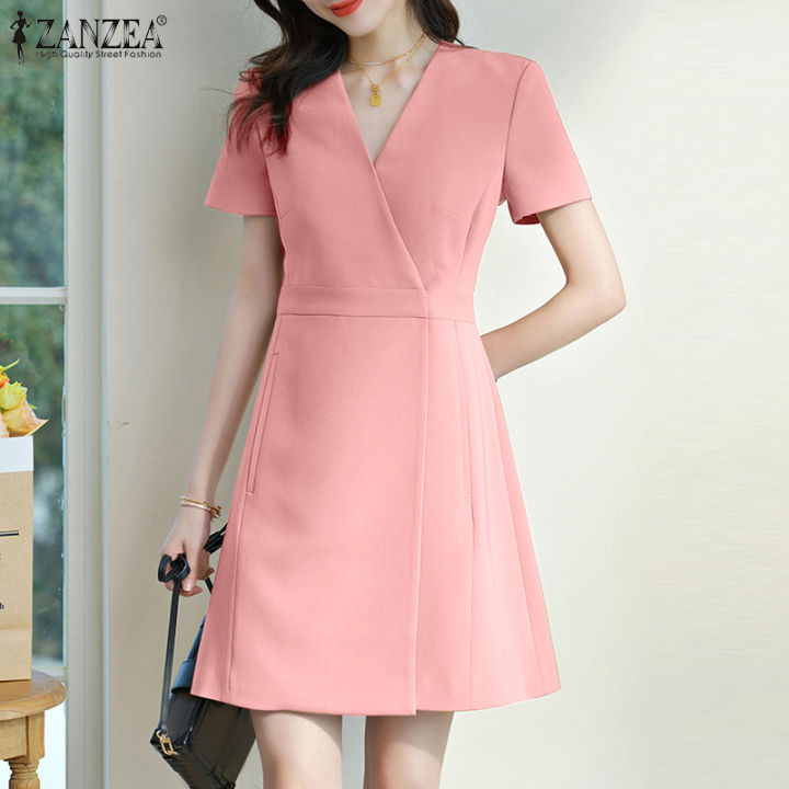 Zanzea Korean Style Womens Elegant Short Sleeve Dresses Formal Office