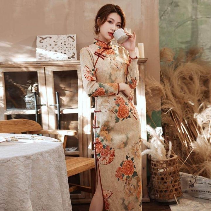 Joso Improved Style Cheongsam Dress For Autumn Long Style Elegant