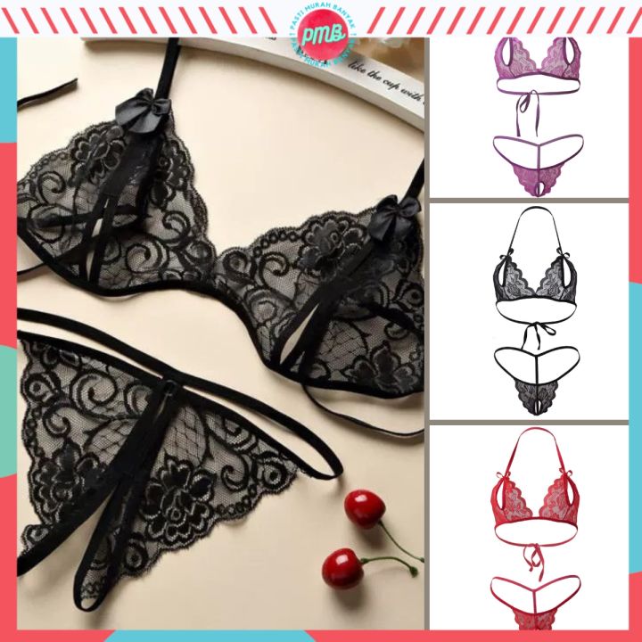 Lingerie Bra Set Renda Bunga Motif Pita Pakaian Dalam Wanita Korea