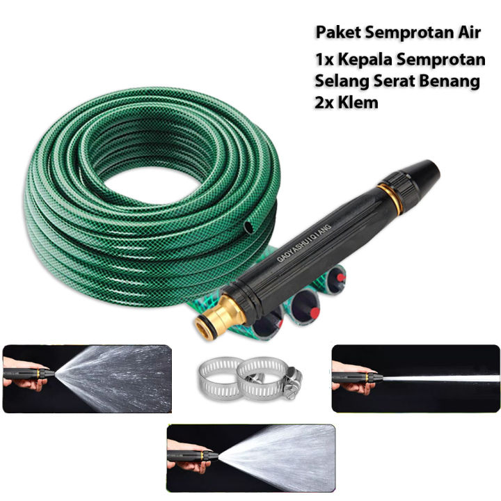 Paket Set Alat Cuci Motor Selang Air Serat Benang Hijau Semprotan Air