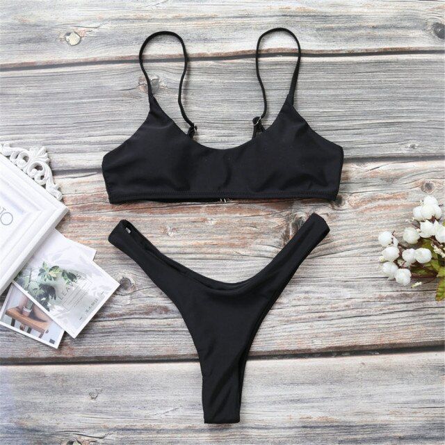 Sexy Micro Mini Thong Swimwear Women Push Up Bikini Set Black Low Waist