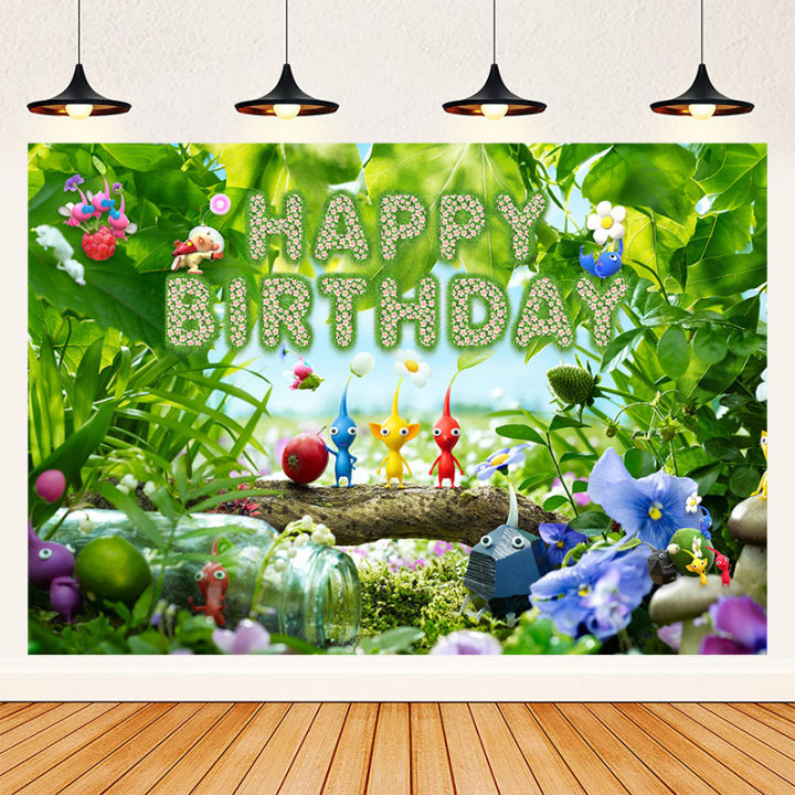 X Ft Pikmin Birthday Photography Backdrop Green Pikmin Happy Birthday