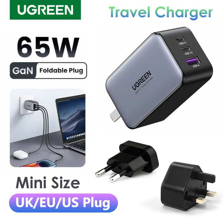 UGREEN PD 65W GaN Wall Charger Foldable Type C 3 Ports 2 USB C 1 USB A