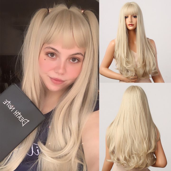 HENRY MARGU Long Natural Wavy Platinum Blonde Wigs With Bangs Cosplay