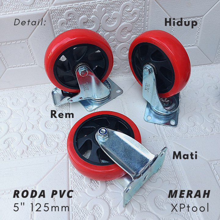 Roda Pvc Triple S Inch Hidup Mati Rem Trolley Troli Wheel Karet Red