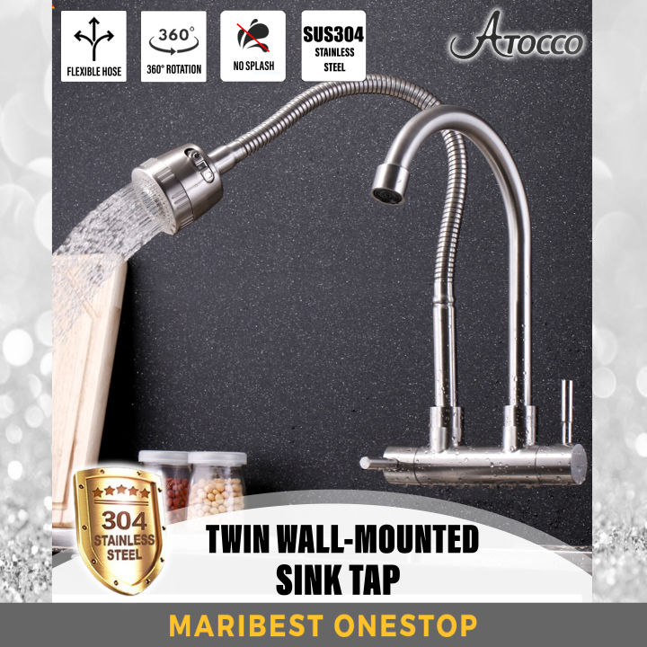 Atocco 304 Stainless Steel Twin Double Pillar Mounted Wall Mounted Tap