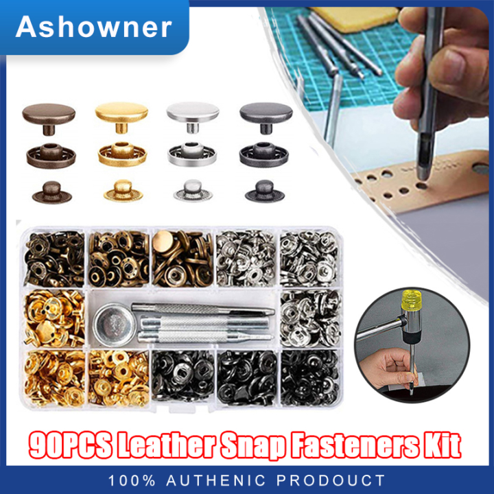 90Set Leather Snap Fasteners Kit Press Stud Metal Button Snaps With