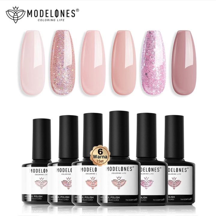 Modelones Gel Nail Polish Nude Pink 6 Warna Gel Nail Polish Set Spring