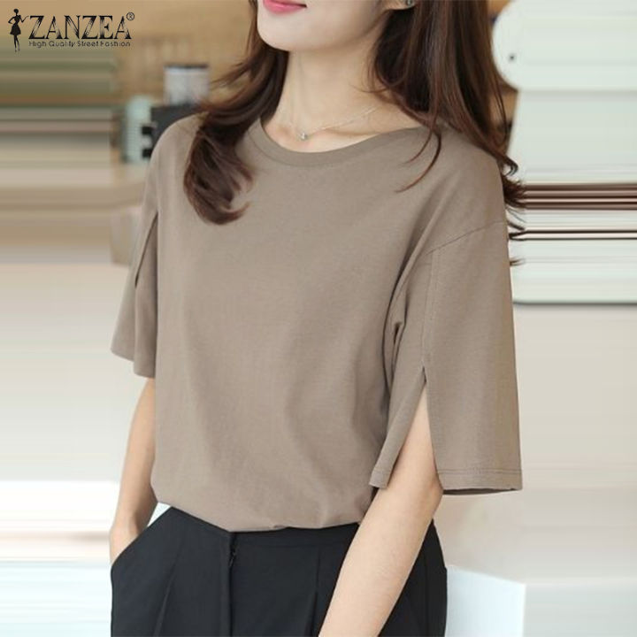 ZANZEA Korean Style Women S Blouse Commute Elegant Short Sleeve Round