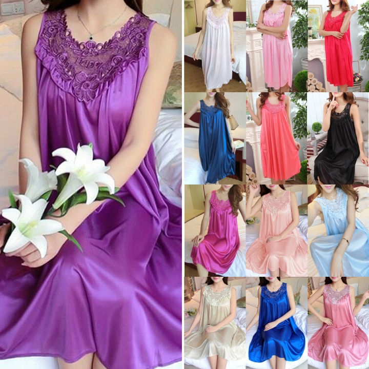 Ice Silk Satin Nightgowns Women Sleeveless Nightwear Long Lace Plus