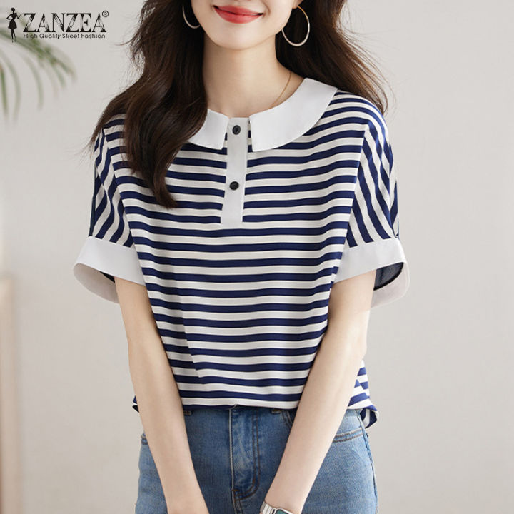 ZANZEA Korean Style Blouses Women New Style 2023 Casual Stripe Short