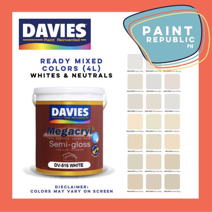 Davies Megacryl Semi Gloss Ready Mixed Colors Whites And Neutrals