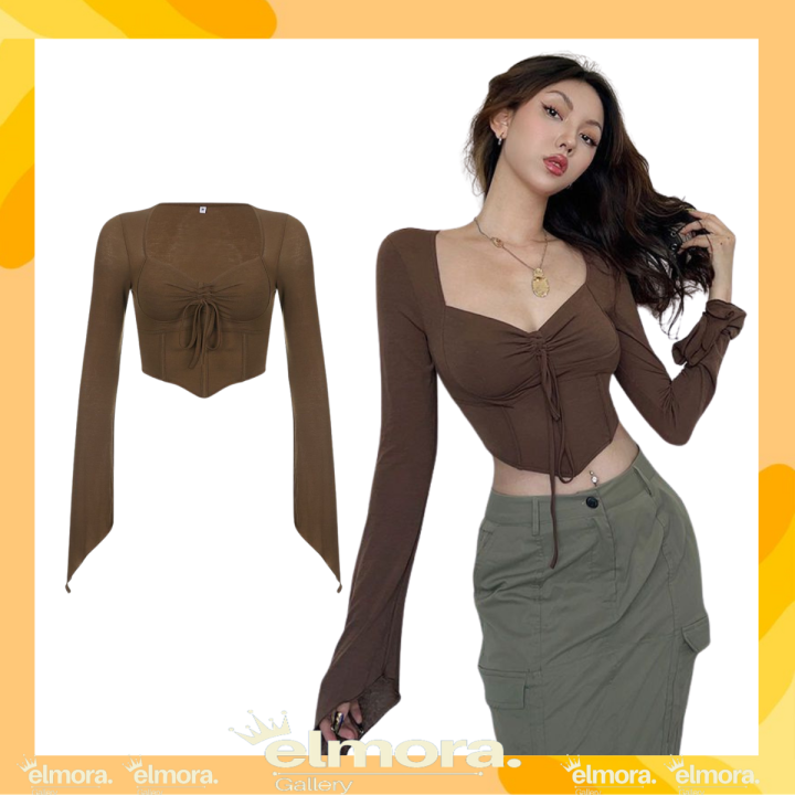 Elmora Bj Baju Atasan Square Neck Asymetric Long Sleeve Crop Top