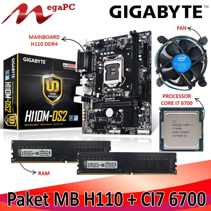 Paket Mainboard LGA 1151 H110 DDR4 Core I7 6700 Fan Ram Garansi 1