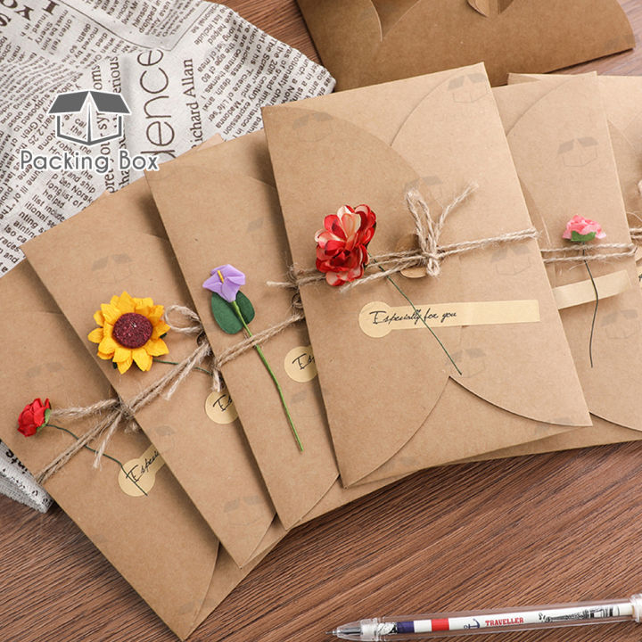 Diy Retro Kraft Paper Dried Flower Birthday Card Folding Greeting Card