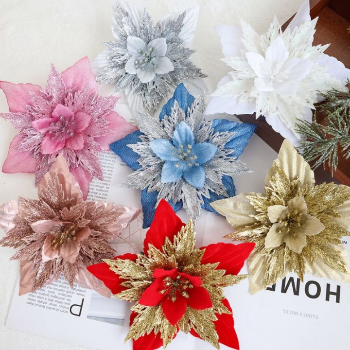 Big 18cm Christmas Flowers Xmas Tree Ornaments Artifical Flower Glitter