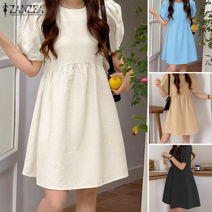 Esolo ZANZEA Korean Style Womens Pretty Puff Sleeve Sundress Holiday