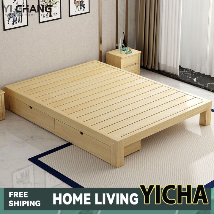 Tatami Bed Frame Solid Wood Single Bed Frame With Storage Drawer