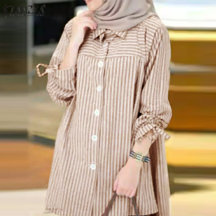 ZANZEA Muslimah Women Muslim Raya Clothes Blouse Abaya Kaftan Striped