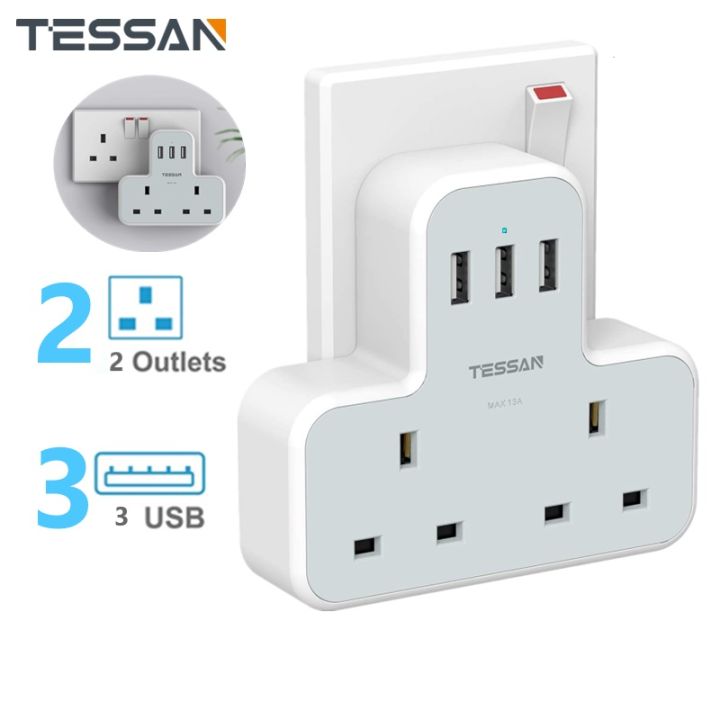 TESSAN TS221 2 Way Extension Plug Power Socket With 3 USB Port Output