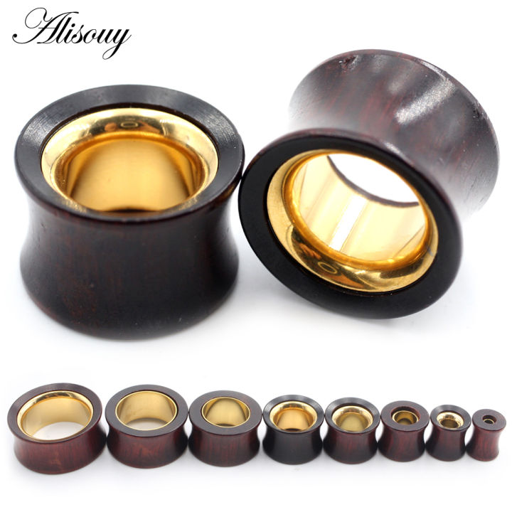 Alisouy Pc Mm Wood Hollow Gold Color Stainless Steel Ear Tunnel