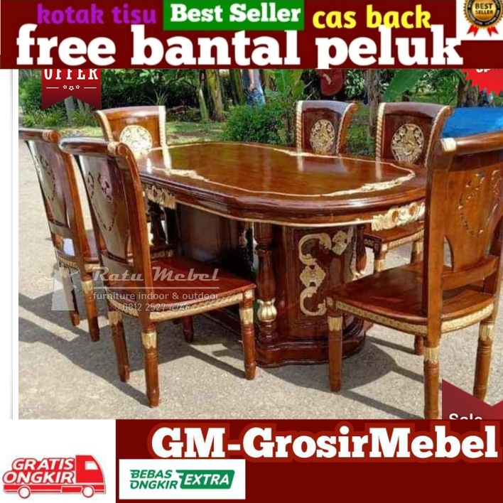 Set Meja Makan 6 Kursi Kayu Jati Solid Elegant Kursi Salina Blok Kayu