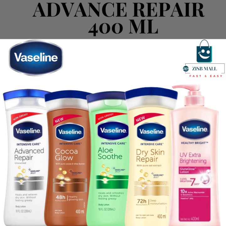 VASELINE BODY LOTION 400 ML ADVACNE REPAIR ALOE SMOOTH COCOA GLOW DRY