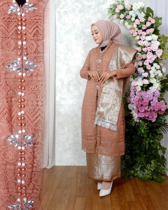 Setelan Kebaya Brokat Modern Long Tunik Malika Busui Full Payet Rok