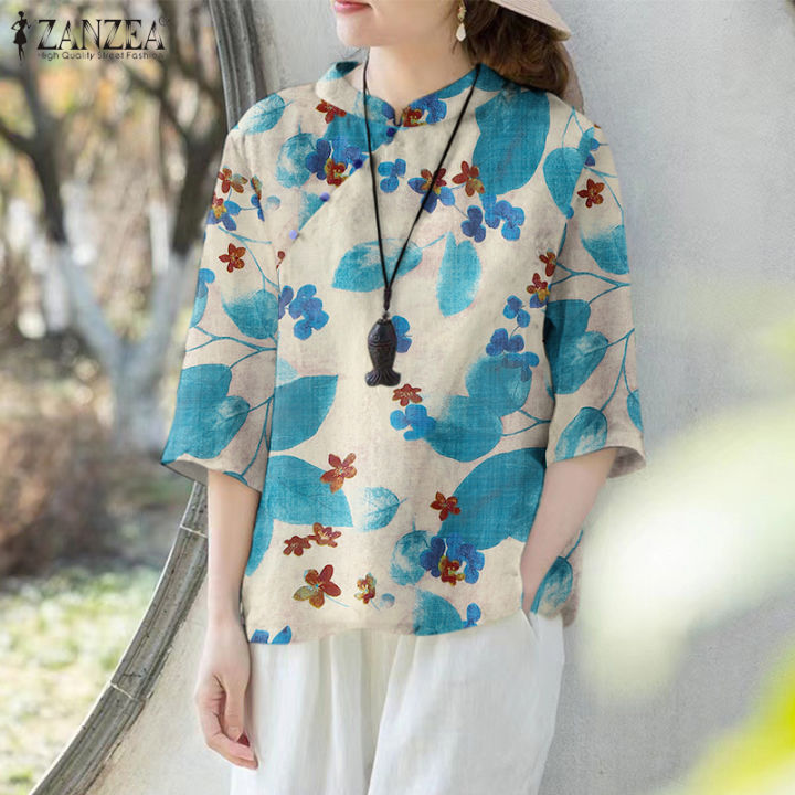 ZANZEA Women S Blouse Summer Vintage Holiday 3 4 Sleeve Stand Collar