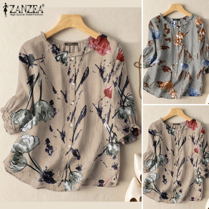 Esolo ZANZEA Women Vintage 3 4 Sleeve Button Down Shirts Floral Hippie