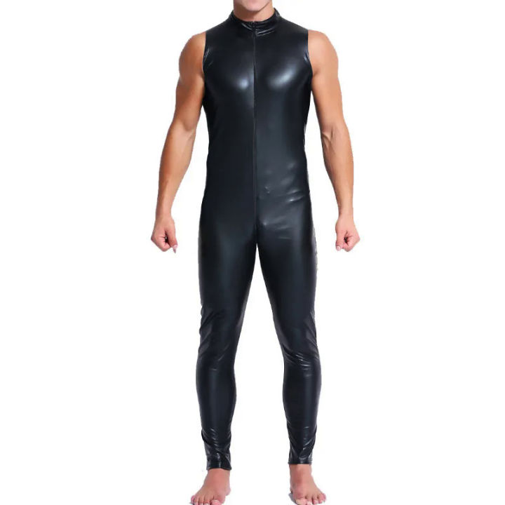 Men Wetlook Faux Leather Double Zipper Open Crotch Bodysuit Latex