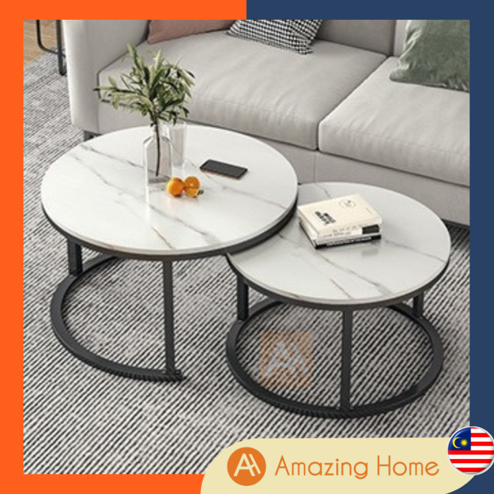 AmazingHome 2in1 Marble Coffee Table Set Nordic Style Round Nest Table