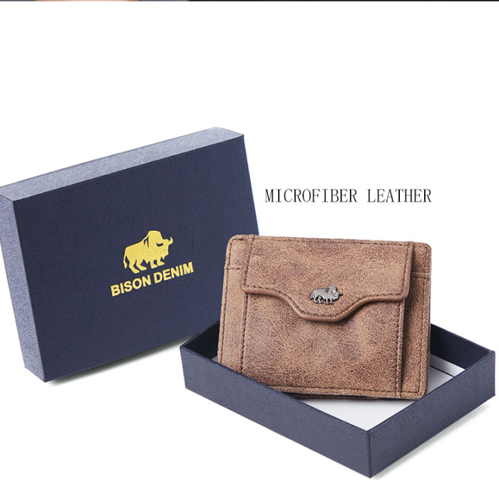 BISON DENIM Genuine Leather Slim Magic Wallet RFID Blocking Men