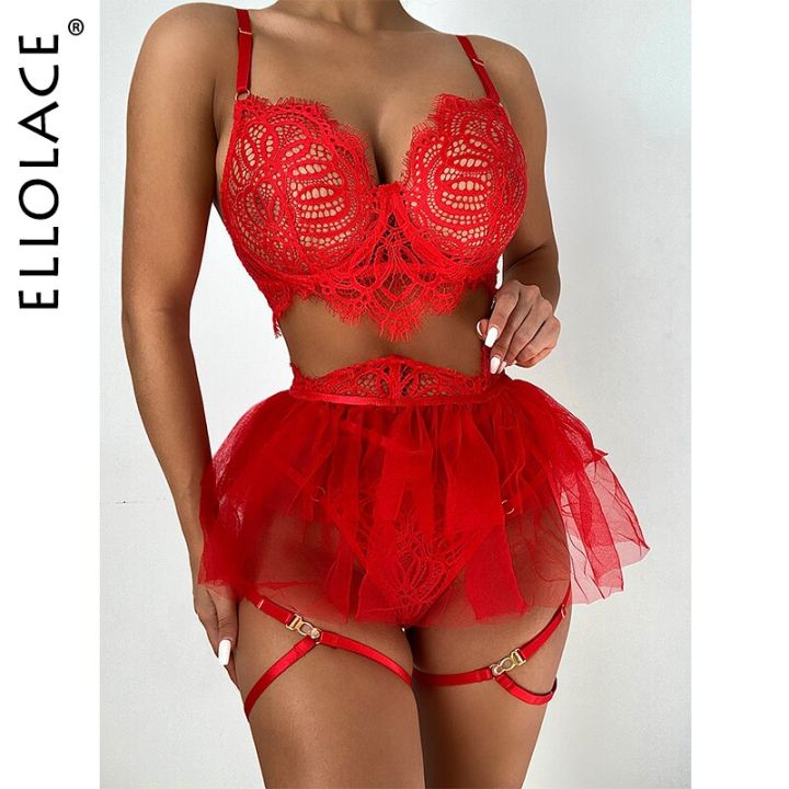 Ellolace Red Sensual Lingerie Sexy Ruffle Lace Garters Exotic Costumes