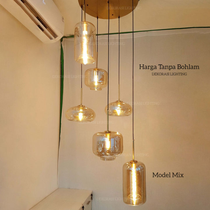 Lampu Gantung 6in1 Gold Kaca Teh 1set 6 Lampu Void Tangga Modern