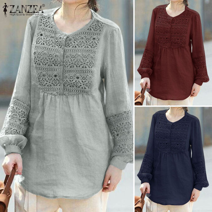 Esolo Zanzea Women Vintage Lace Patchwork Puff Long Sleeve T Shirts