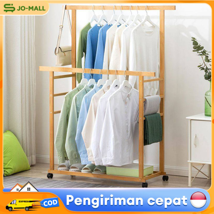 Rak Baju Celana Dengan Roda Stand Hanger Double Rod Rack Rak