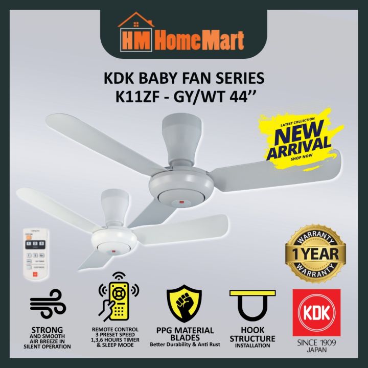 KDK K11ZF Baby Fan 44 AC Motor Remote Celling Fan Grey White 1 Year