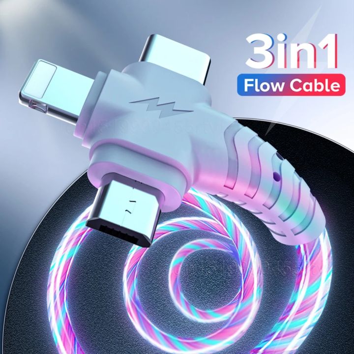 3 In 1 LED Glow Flowing Charging Cable USB Type C Luminous Lighting